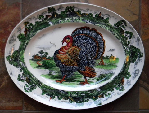 Huge Turkey Platter  Midwinter Polychrome Black Transferware Thanksgiving Serving Tray English Ironstone China