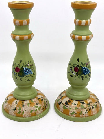 Pair of Original Hand Painted Signed Jane Keltner Wood Candle Holders CandleSticks