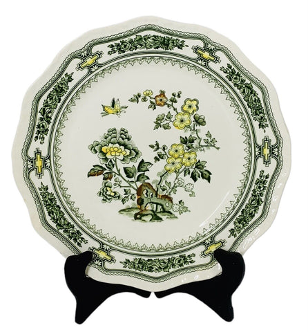 Vintage Green Transferware Chinoiserie Floral & Butterfly Hand Painted Plate