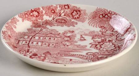 Red Transferware Clarice Cliff Coaster or Salt Dip Tonquin Wading Swans Waterfall Roses Sail Boat