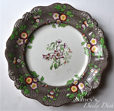 Antique Staffordshire Clobbered Brown Transferware Plate Ridgway Circa 1830 Hand Painted & Numbered