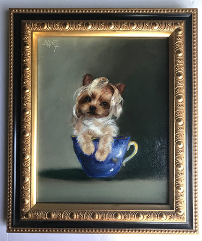 Teacup Terrier Yorkie Original Artist Signed Oil Painting Pup Dog Portrait w/ Big Blue Bow