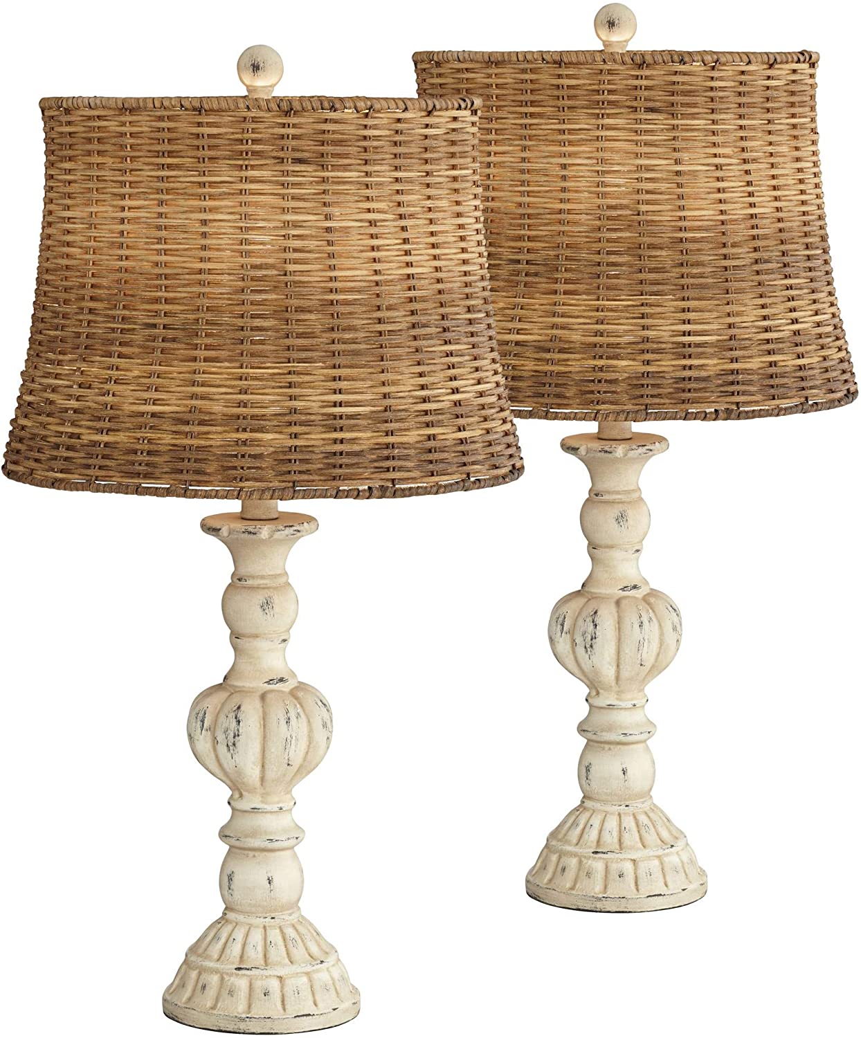 New PAIR Distress White Candlestick Table Lamps w/ Wicker - Rattan Lam
