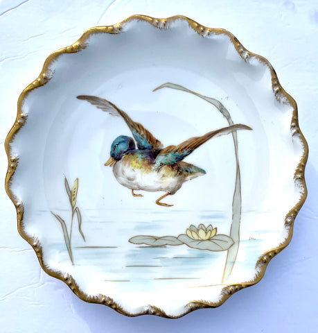 Antique French Limoges Hand Painted Porcelain Plate Teal Duck Landing Gold Encrusted Game Bird