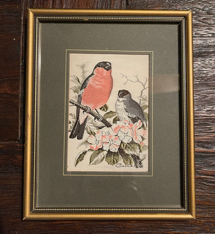 Vintage English Woven Silk Bullfinch Birds & Blossoms Picture Framed & Matted