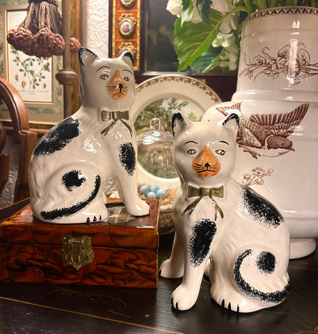 Pair Black & White Sponged spotted English Staffordshire Mantle Cats w/ Gold Luster Bows