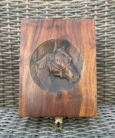 Carved Equestrian Horse Head Wood Keepsake Jewelry Box w Mirror