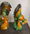Amber / Green / Blue  Majolica Glazed Pair of Rooster Chicken Figurines