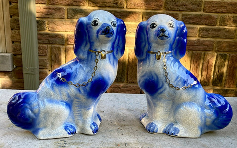 12" Lg Pair Antique Blue w/ Gold Accents English Staffordshire Spaniel Dog Figurines