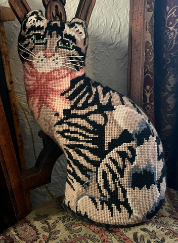 Vintage / Antique Figural Shaped Needlepoint  Tabby 🐈 Cat Pillow / Doorstop