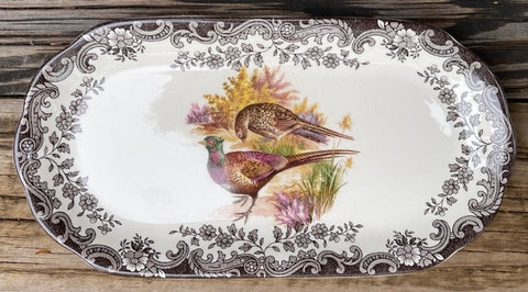 Brown Transferware English Platter / Tray Pheasants & Roses Game Bird Series
