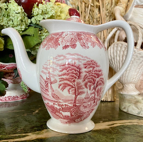 Vintage Red TRANSFERWARE Tall Coffee Pot or Tea Pot Teapot w/ Cattle Cows Peonies