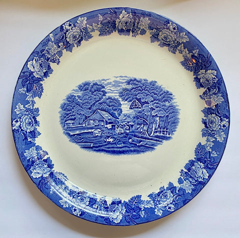 HUGE Vintage Blue Transferware 15” Round Charger Platter Girl Feeding Farm Animals Pigs Chickens Cows England