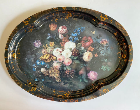Vintage Tole Tray English Garden Flowers & Fruits in a Basket