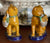 Pair Vintage English Bulldog or Pug Staffordshire Dogs w/ Basket of Puppies on Cobalt Bases