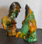 Amber / Green / Blue  Majolica Glazed Pair of Rooster Chicken Figurines