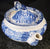 Vintage Blue TRANSFERWARE Tea Pot Teapot GIRL FEEDING FARM ANIMALS CHICKENS COWS ENGLAND Peonies