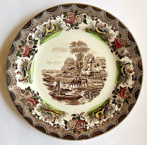 Polychrome Brown French Transferware Plate w Fishing Scene Grazing Cattle 🐄 Roses & Pheasants