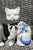 Pair Blue Chintz Roses English Transferware Staffordshire Mantle Cats w/ Bows RARE