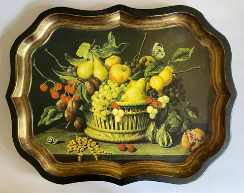 Vintage Rattan Basket of Fruit Still Life Insects Botanical Tole Tray Toleware London England