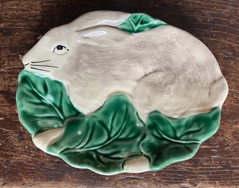 Bunny Rabbit Cabbage Vintage Ceramic Majolica Plate Trinket Dish