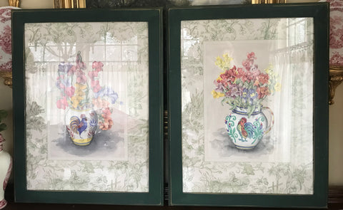 Large Pair of French Country Rooster Pitcher Flower Prints w/ Green Toile Border Wood Framed