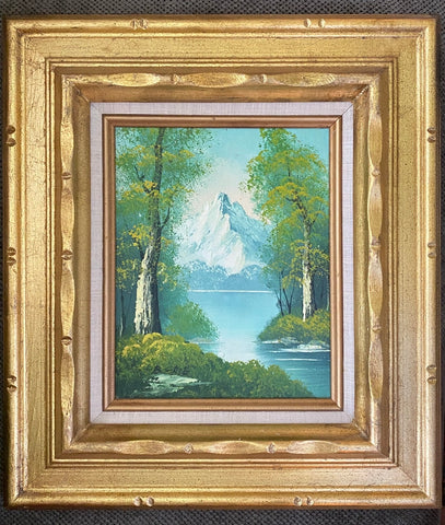 Vintage Mountain Trees Lake Landscape Oil Painting Framed Good Leaf Wood Frame