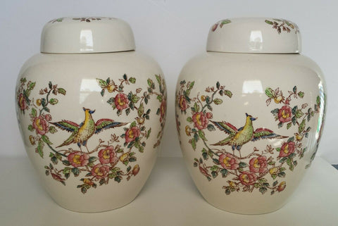 Pair XL Antique Brown English Oriental Chinoiserie Temple / Ginger Jars w/ Birds Flowers