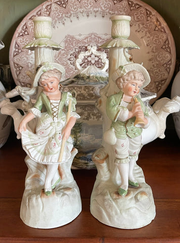 Vintage Pair Figural Little Boy & Girl Dancing & Playing Horn Candlesticks Green Hand Painted