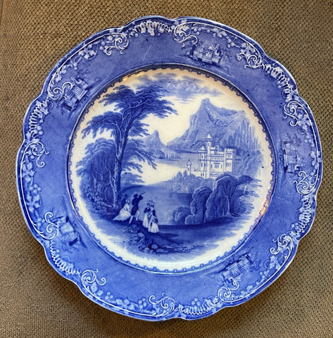 13” Blue Transferware Scalloped Charger Cookie Tray Platter / Chop Plate - Mountains Castle