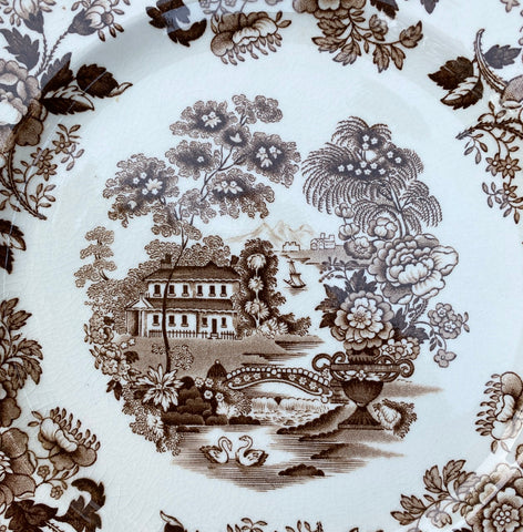 6” Swans & Roses Brown Transferware Plate Tonquin Royal Staffordshire