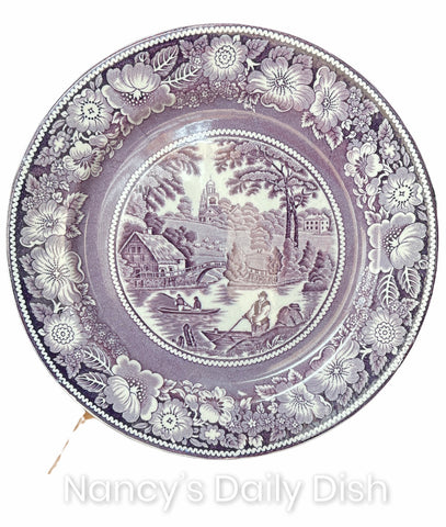 Antique Purple Transferware Dinner Plate Fisherman Cottage Bridge Rural England