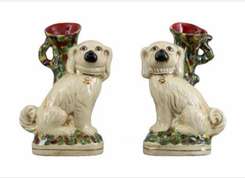 Pair of Large 12” Cavalier Spaniel Staffordshire Dog Spill Vases