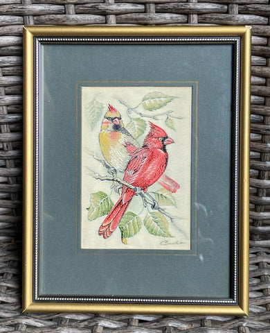 Vintage English Woven Silk Great Red & Gold Cardinals Pair Matted & Gold Frame
