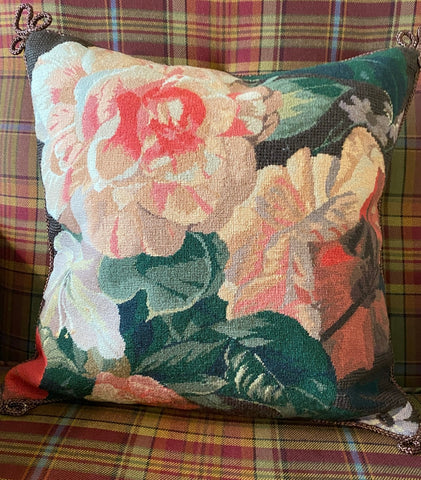 Coral Pink Peach Peony Hibiscus & Roses Floral Needlepoint Petit Point Pillow Cover
