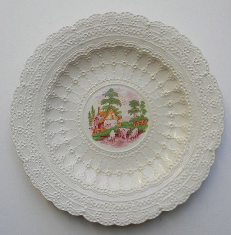 Vintage Hand Painted Red Transferware Plate Spode Jewel Exquisite Lace Border Grazing Cattle & Cottage