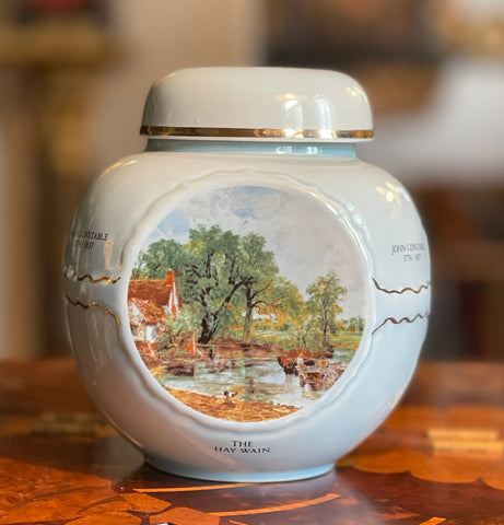 Vintage Twining English Tea Caddy - Ginger Jar John Constable Pastoral Scenes Blue Salisbury Dedham Hay Wain