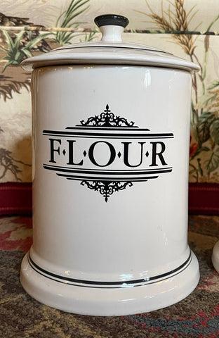 Large Vintage English Black & White Transferware Advertising FLOUR Canister Jar