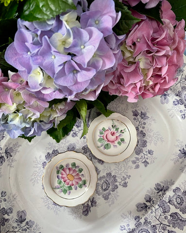 Set of 2 Hand Painted Vintage Pink Rose & Daisy Butter Pat or Salt Dip Victorian