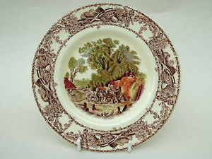 Rural Scenes Brown Transferware Plate Chickens Horses Haywagon Farm Bee Skep