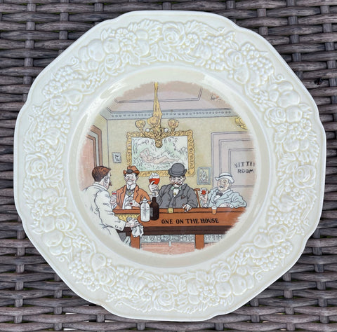 Antique English Pub Plate Transferware ONE ON THE HOUSE Humorous Saloon Bar Decor # 5 of 6