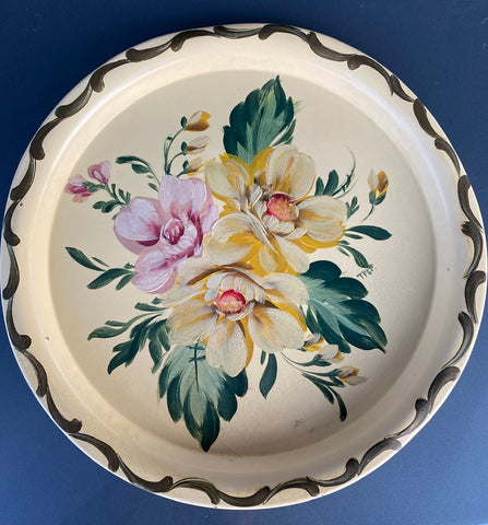 Vintage Artist Signed Hand Painted Oil Round Serving Platter Yellow Tole Tray Toleware w/ Roses