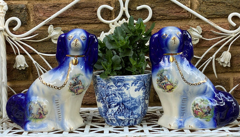 Pair of Blue & Floral Romantic Chintz English Transferware Staffordshire Spaniel Dogs