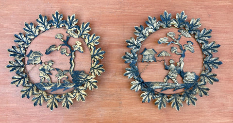Vintage Pair of L & R facing Wall Plaques Filigree Chinoiserie Willow Antiqued Gold Metal