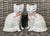Pair of Vintage Spongeware Stripe English Staffordshire Cats w/ Coral Peach Bows