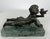 Vintage Bronze Child w/ Bird Figurine on Green Marble Pedestal Base