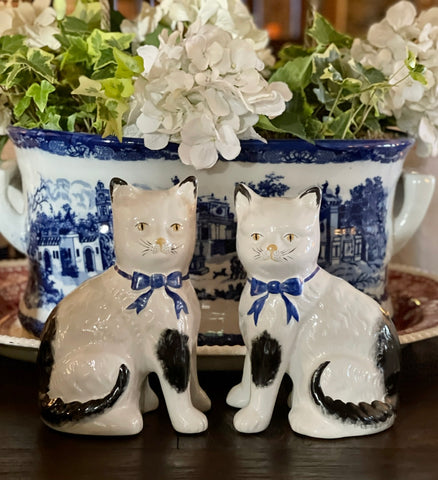 Pair White w/ Black Spots English Staffordshire Mantle Cats w/ Blue Bows