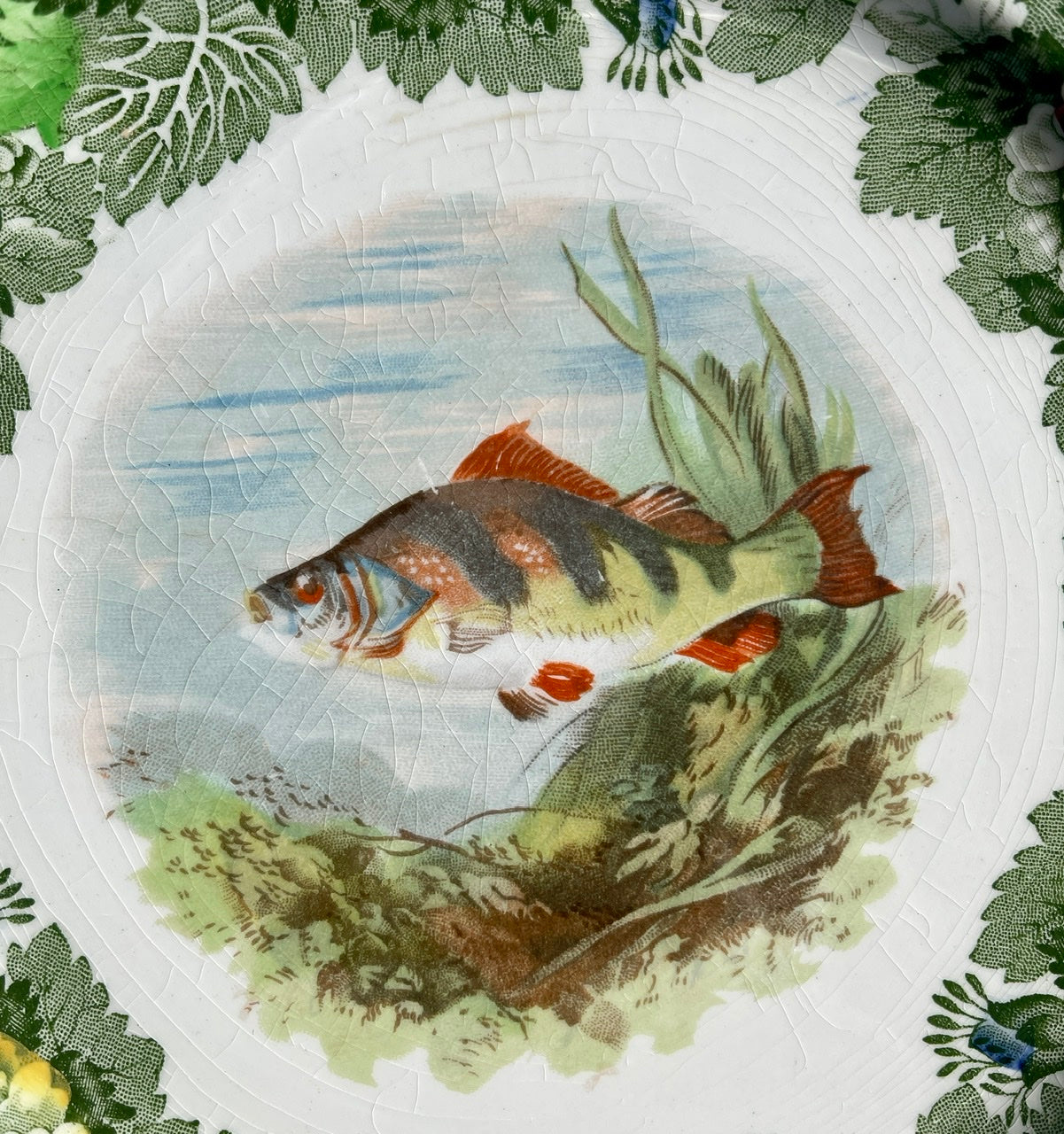 Antique Green English Transferware Handpainted Fish Plate w/ Roses Bor