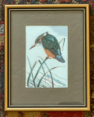 Vintage English Woven Silk Kingfisher Matted in Gold Frame