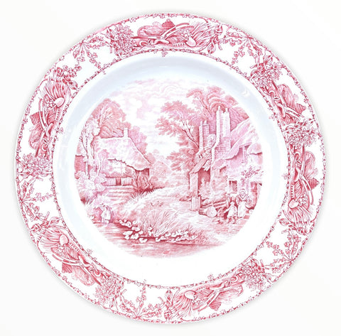 RARE Red Transferware Round Platter Tray Rural Scenes Thatched Cottage Mother Children Bee Skep